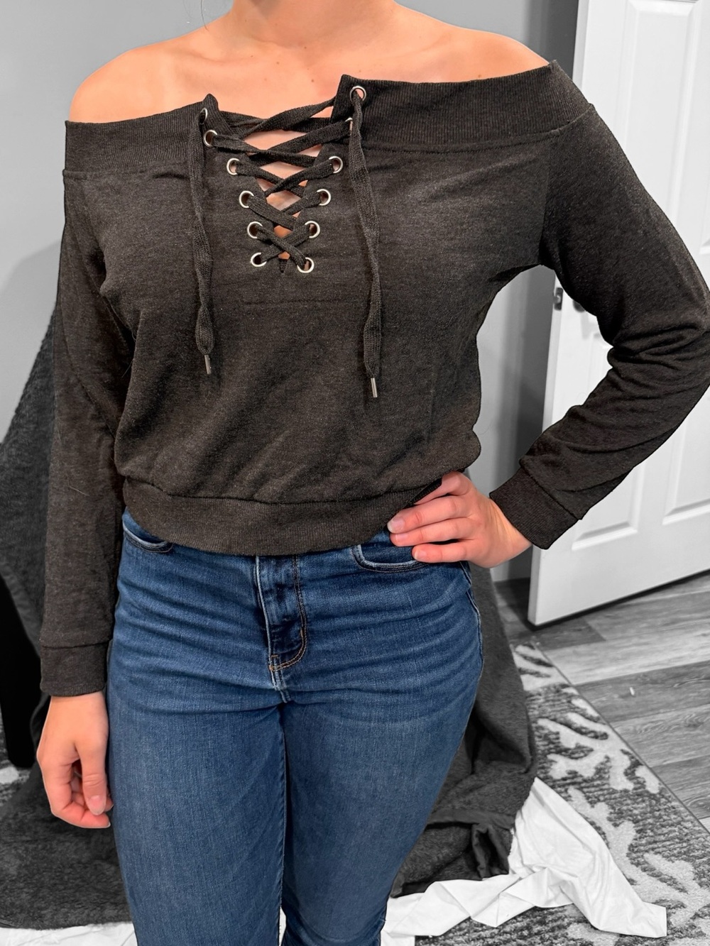 K Jordan Off-Shoulder Lace-Up Sweatshirt in Charcoal